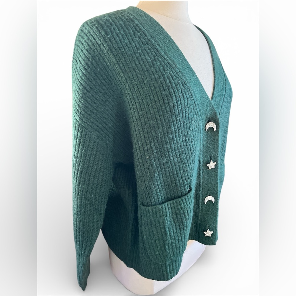 LOFT Forest Green V-Neck Cardigan w/Jeweled Star & Moon Buttons Size Large - Picture 4 of 11